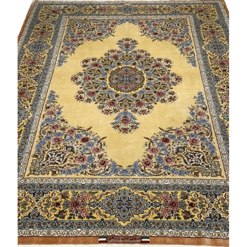 Handcrafted silk rug with intricate floral patterns