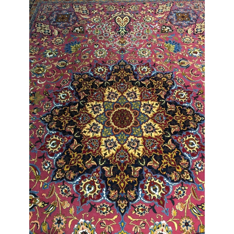 Elegant purple oriental rug featuring traditional Persian design, crafted with wool and silk for a luxurious texture.