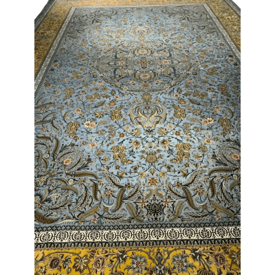 "Authentic Persian rug with complex floral patterns, skillfully hand-knotted by artisans in Iran, blending tradition with artistry."