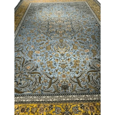 "Authentic Persian rug with complex floral patterns, skillfully hand-knotted by artisans in Iran, blending tradition with artistry."