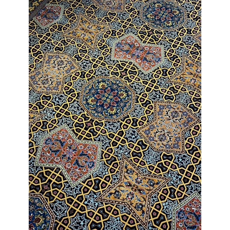 Stunning Isfahan Persian area rug, featuring a blend of wool and silk. With a size of 382x273 cm (12.5x9 feet) and a hand-knotted design, this unique rug showcases timeless elegance and a knot density of 870,000 per square meter
