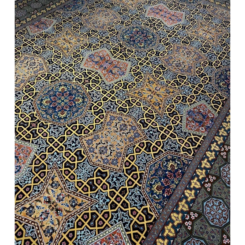 Handcrafted Isfahan Persian rug made from wool and silk, designed by Master Haghighie. Measuring 382x273 cm (12.5x9 feet), this large Persian area rug features intricate hand-knotted details and is a rare collector's piece.