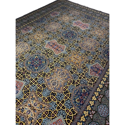 Large Persian area rug from Isfahan, Iran, made with wool and silk by Master Haghighie. Hand-knotted with intricate patterns, this 382x273 cm (12.5x9 feet) rug is a masterpiece of Persian craftsmanship.
