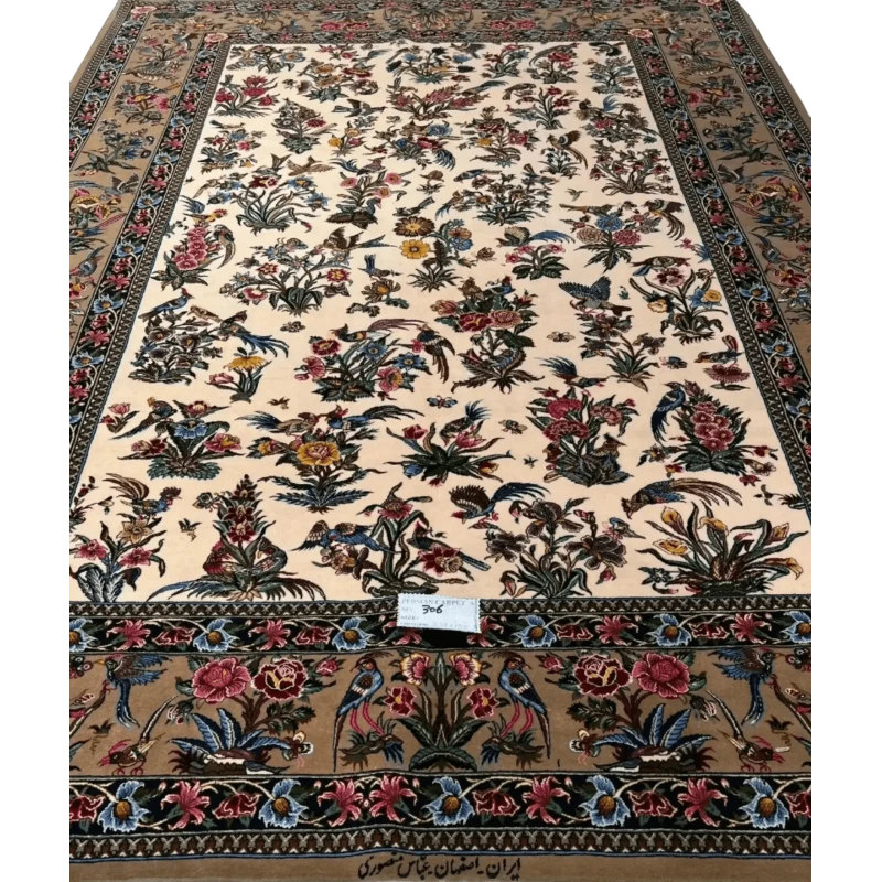 Close-up view of Mansourie's Legacy, showcasing the detailed floral patterns on the rare Persian carpet