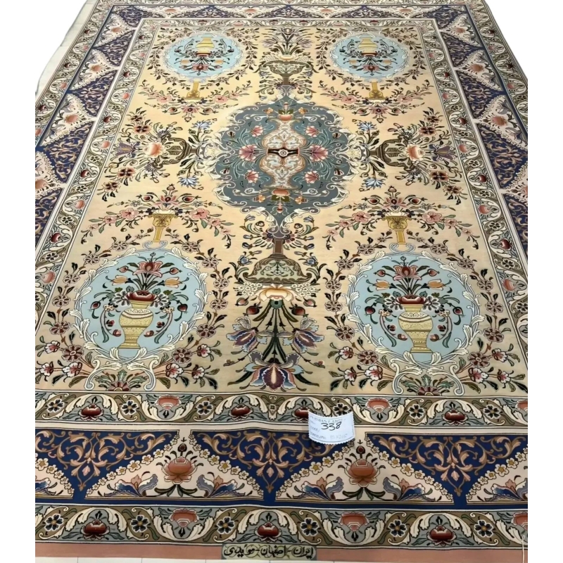 "Handmade Persian rug by Master Moeidie with intricate floral designs in soft beige and pastel tones."