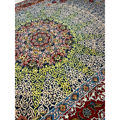 Broad shot of a Haghighie rug with complex, ornate designs