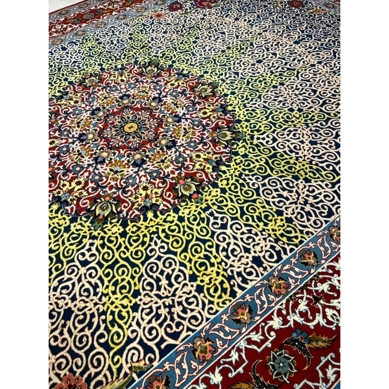 Broad shot of a Haghighie rug with complex, ornate designs