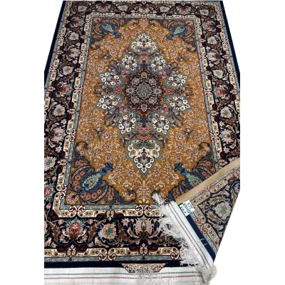 "Artistic Persian rug with floral and traditional motifs, handmade in Iran"