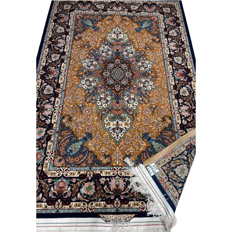 "Artistic Persian rug with floral and traditional motifs, handmade in Iran"