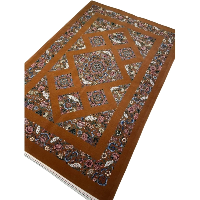 Luxury wool and silk Kazak-style carpet with vibrant natural dyes and traditional patterns.