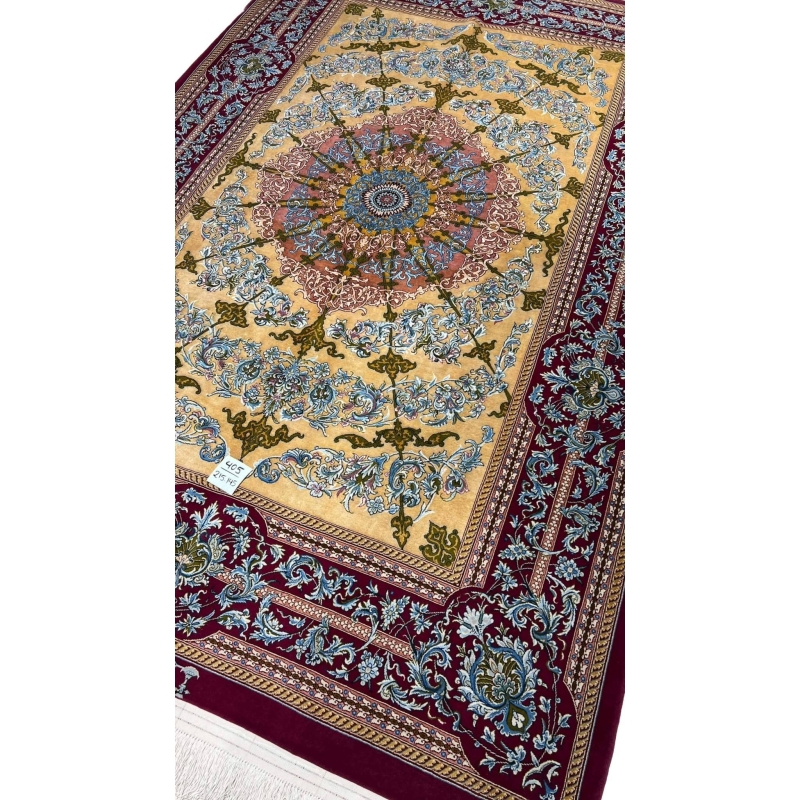 Hand-knotted Persian carpet in red and beige from Isfahan, Iran