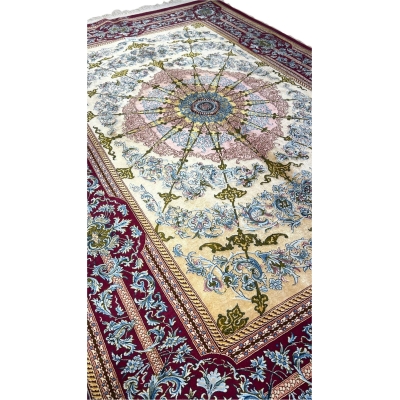 Close-up of floral patterns on Persian silk rug, Isfahan craftsmanship