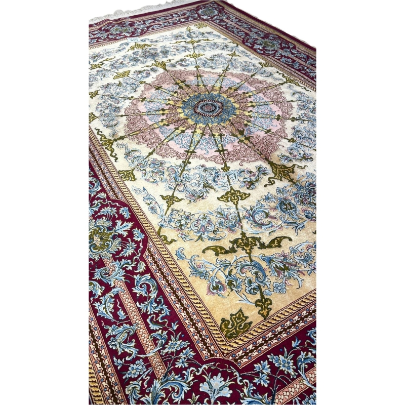 Close-up of floral patterns on Persian silk rug, Isfahan craftsmanship