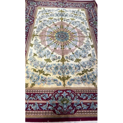 Persian 5x7 red and beige silk floor carpet with intricate design