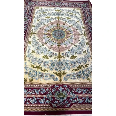  Persian 5x7 red and beige silk floor carpet with intricate design
