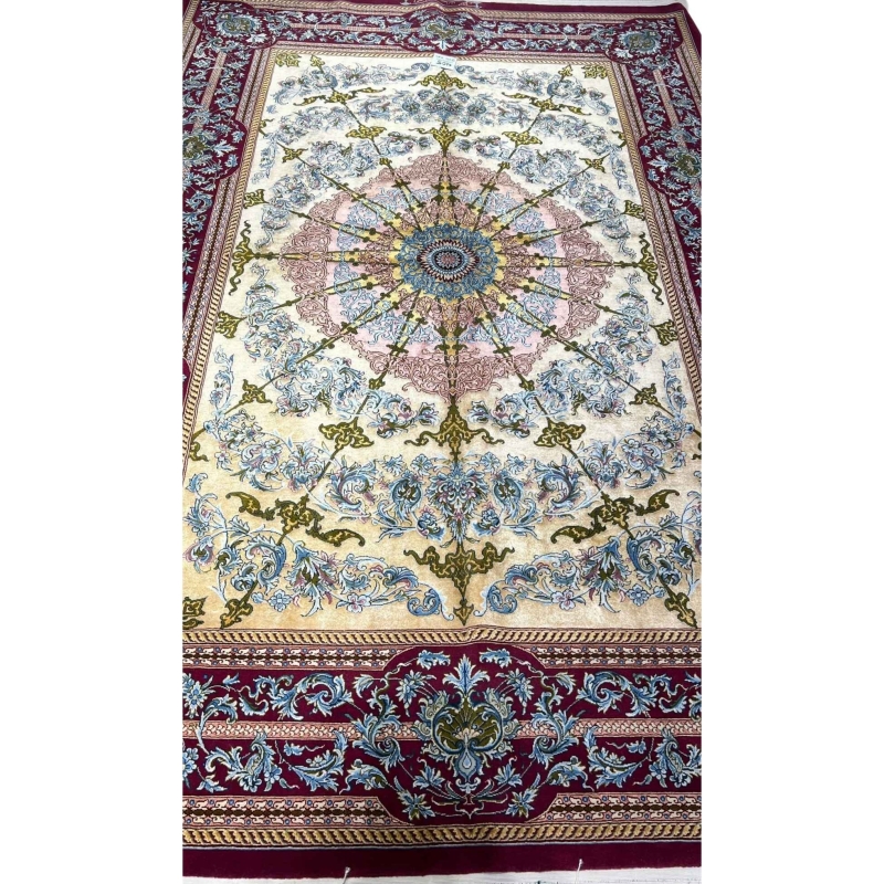 Persian 5x7 red and beige silk floor carpet with intricate design