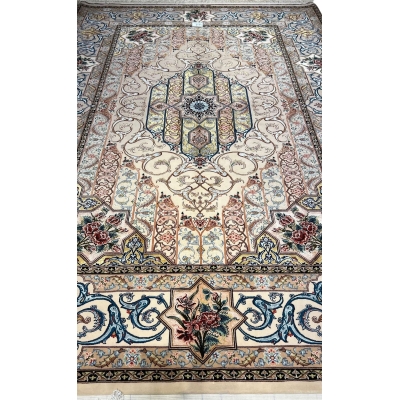 "Hand-knotted Isfahan Persian rug with an intricate floral medallion design and silk-wool blend pile."