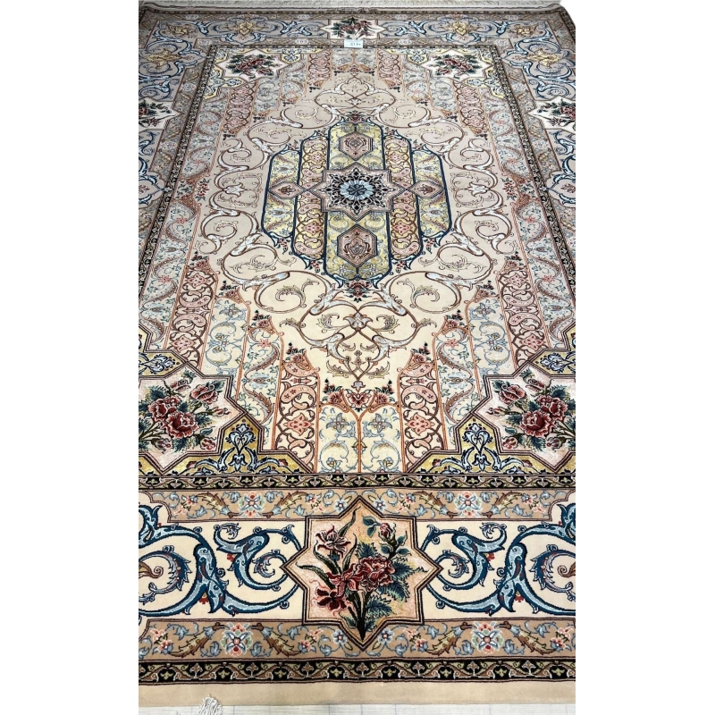 "Hand-knotted Isfahan Persian rug with an intricate floral medallion design and silk-wool blend pile."