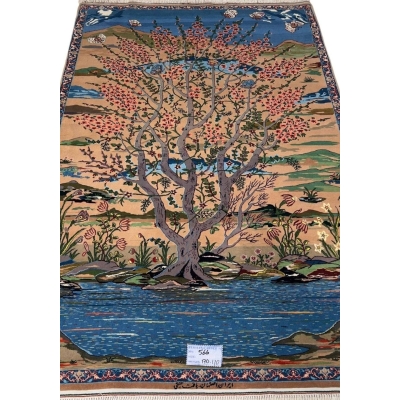 "Hand-knotted Persian rug by Master Haghighie featuring a serene tree and riverside motif."
