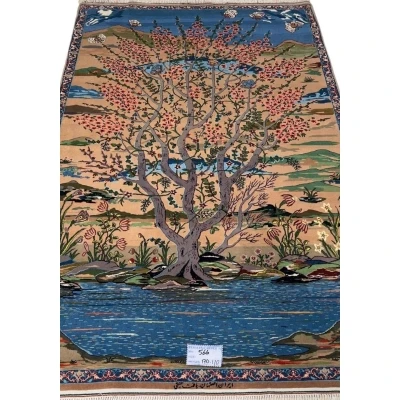 "Hand-knotted Persian rug by Master Haghighie featuring a serene tree and riverside motif."
