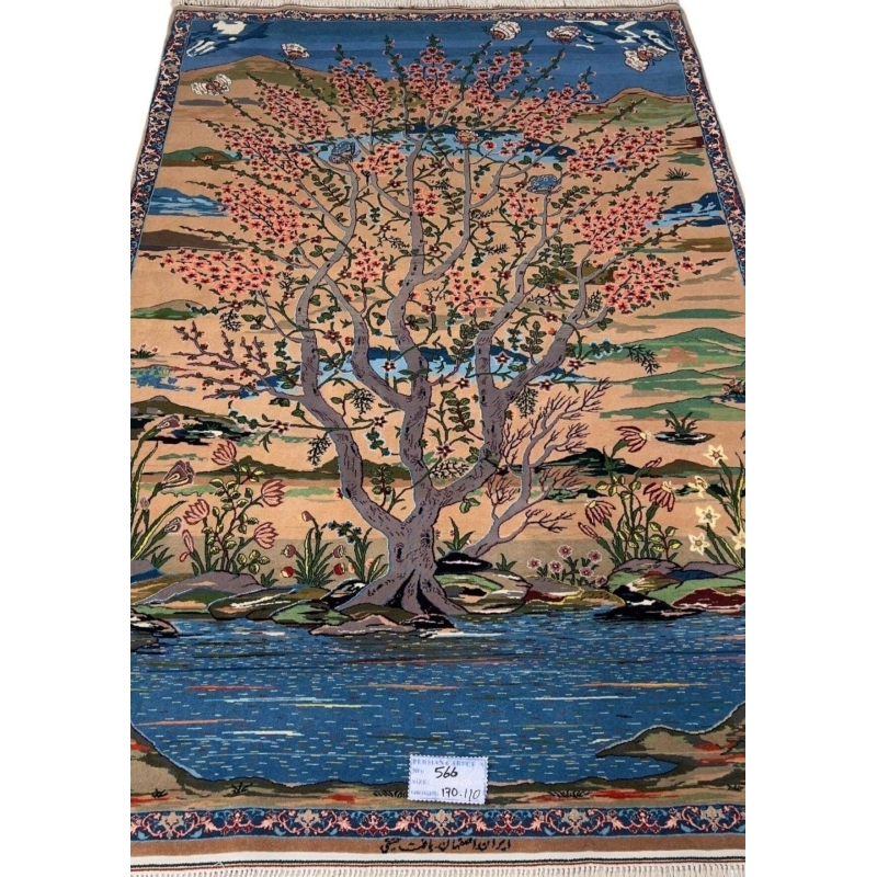 "Hand-knotted Persian rug by Master Haghighie featuring a serene tree and riverside motif."