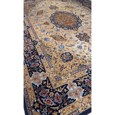 "Large Persian rug featuring 70% silk and wool with a bold central medallion on a golden background."