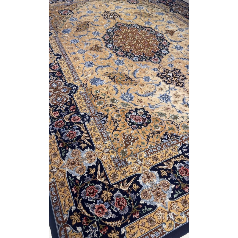 "Large Persian rug featuring 70% silk and wool with a bold central medallion on a golden background."