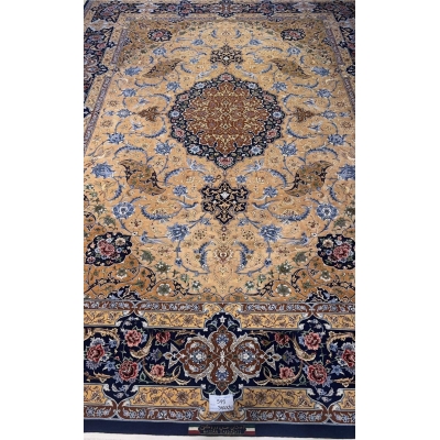 "Hand-knotted Isfahan rug with a golden base and intricate floral patterns, crafted by Master Hassan Dardashtie."
