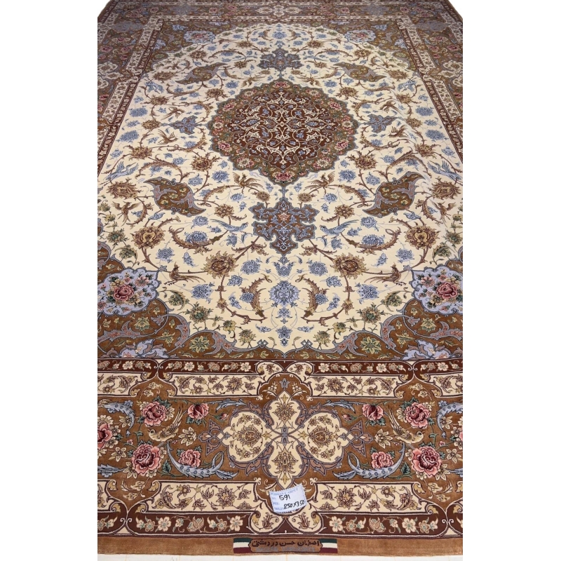 "Hand-knotted Isfahan rug featuring a silk medallion and borders with a wool floor, crafted by Late Master Hassan Dardashtie."