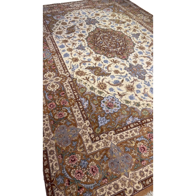 "Master Hassan Dardashtie’s handwoven rug with silk accents and natural dye colors."