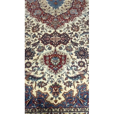 "Close-up of fine weave and colors on a Persian Isfahan rug."