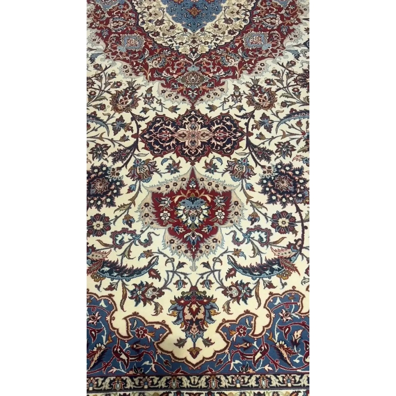 "Close-up of fine weave and colors on a Persian Isfahan rug."