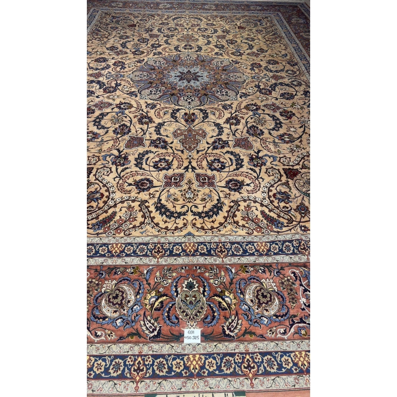Full display of the Handcrafted Silk Rufugaran Rug with its symmetrical medallion design