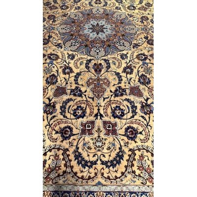 Handcrafted Silk Rufugaran Rug featuring a prominent medallion centerpiece