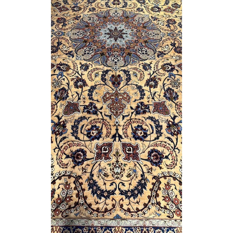 Handcrafted Silk Rufugaran Rug featuring a prominent medallion centerpiece