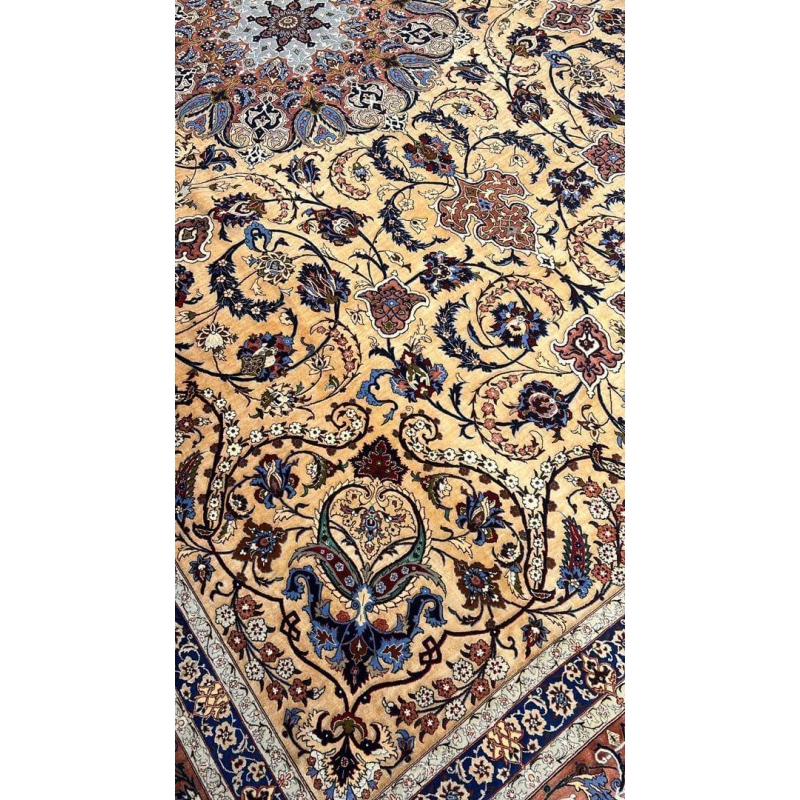 Angle view of the Handcrafted Silk Rufugaran Rug showcasing the medallion and border artistry