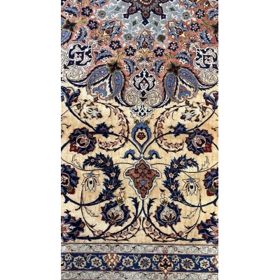Handcrafted Rufugaran Silk Rug with a pattern of blue, red, and beige hues