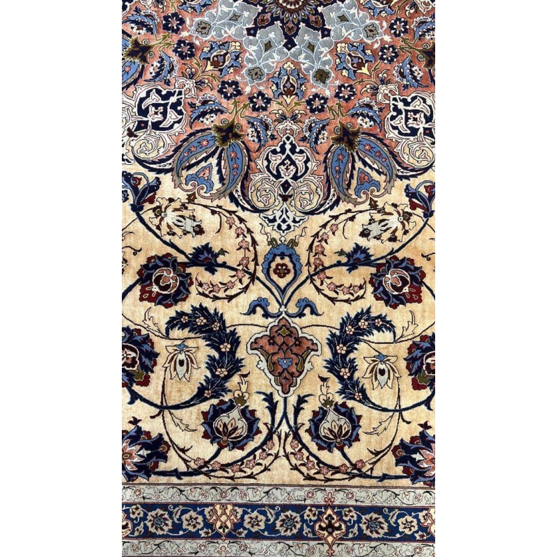Handcrafted Rufugaran Silk Rug with a pattern of blue, red, and beige hues