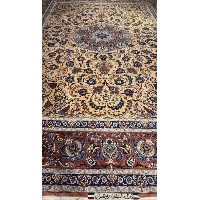 Handcrafted Rufugaran Silk Rug with a distinctive large medallion and ornate border detailing