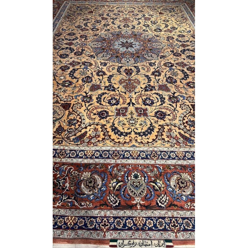 Handcrafted Rufugaran Silk Rug with a distinctive large medallion and ornate border detailing