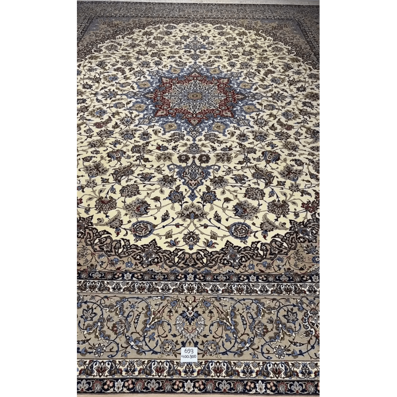 "Hand-Knotted Persian Rug by Zolfagharie, 60-Year-Old Isfahan Design, 400x300 cm" – Emphasizing the weaver, age, origin, and size.