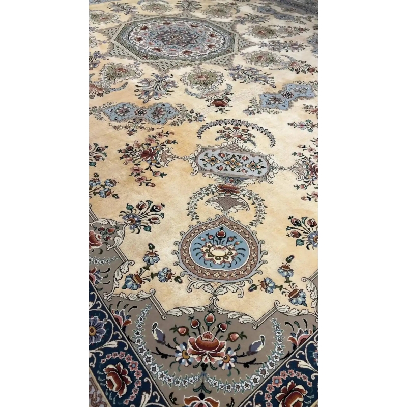 Handwoven Isfahan Persian rug with silk highlights, displaying intricate craftsmanship and eco-friendly natural dyes.