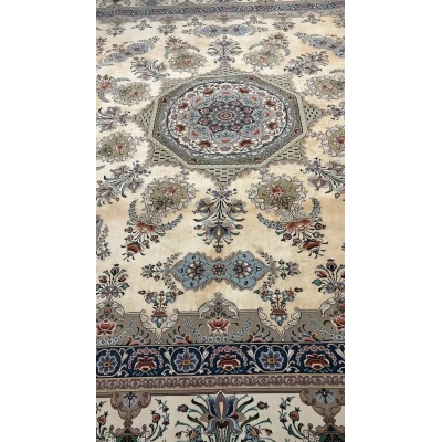 Luxurious artisan rug featuring a chevron pattern with delicate floral motifs, handmade with silk and wool in Isfahan, Iran.