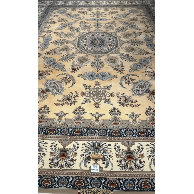 Intricately hand-knotted Isfahan Persian rug with floral medallion pattern in silk and wool, featuring soft neutral tones.
