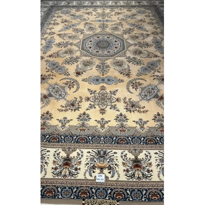 Intricately hand-knotted Isfahan Persian rug with floral medallion pattern in silk and wool, featuring soft neutral tones.
