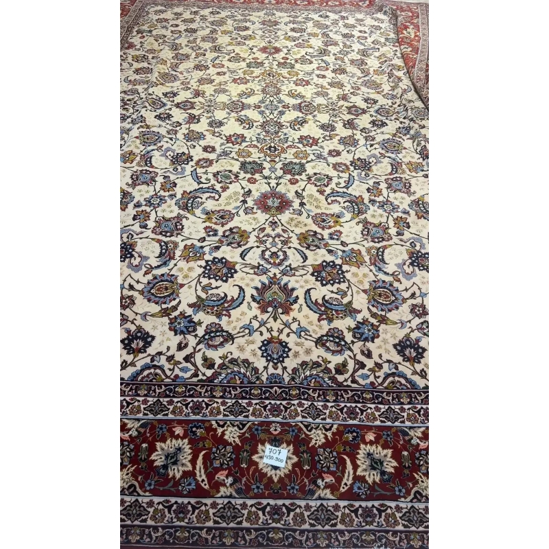 Oriental rug with a detailed floral motif set against a rich, textured background