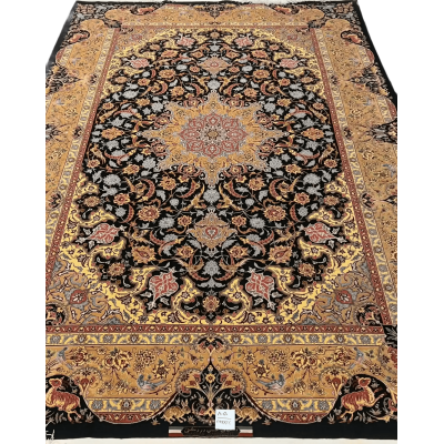 Sophisticated oriental rug by Dardashtie with a black and gold color scheme