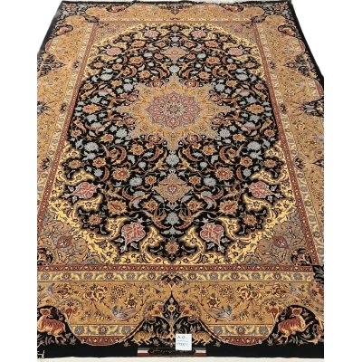 Sophisticated oriental rug by Dardashtie with a black and gold color scheme