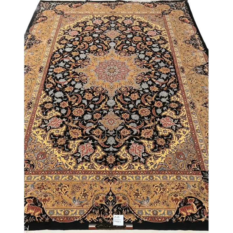 Sophisticated oriental rug by Dardashtie with a black and gold color scheme