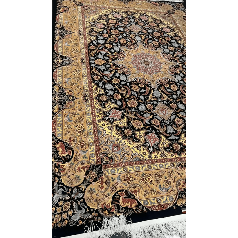 Elegant black and golden rug by Dardashtie featuring traditional artistry